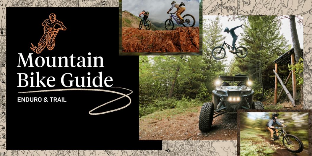 A topographic background with an image collage of bike riders over it.  Text overlay reads: Mountain Bike Guide, enduro & trail.